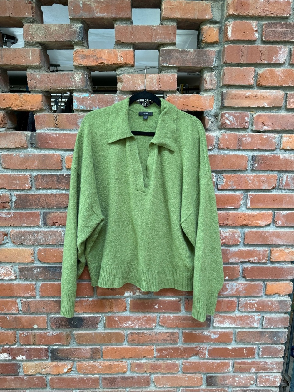 J. Crew Green V‑Neck Collared Wool Alpaca Blend Sweater